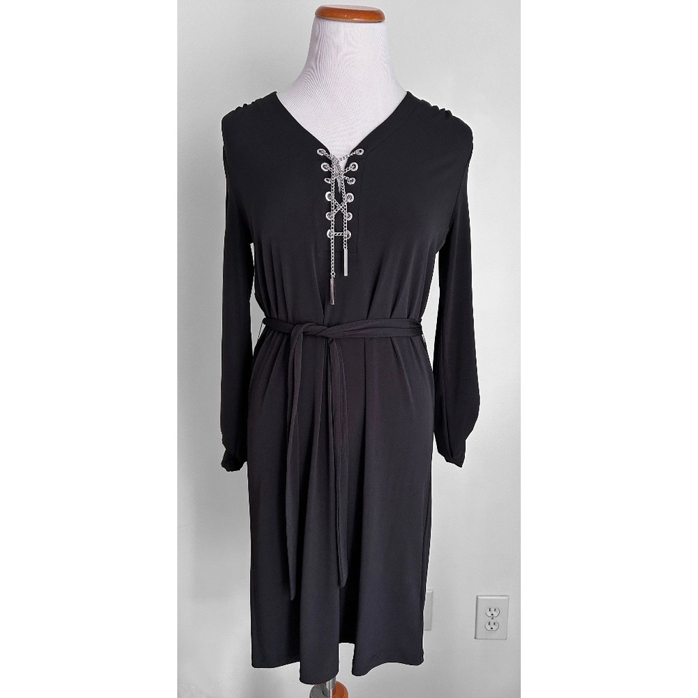 NWT! Michael Kors Black Dress w/Silver Chain Lace Up, Fabric Belt, Orig $120